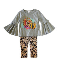Load image into Gallery viewer, Pumpkin Bell Sleeve Leopard Pants Set
