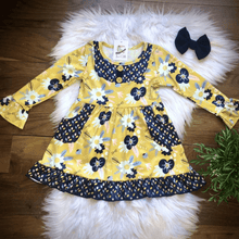 Load image into Gallery viewer, Floral, Navy &amp; Mustard Girls Dress
