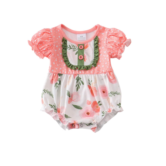 Coral Floral Puff Sleeve Baby Girl Romper