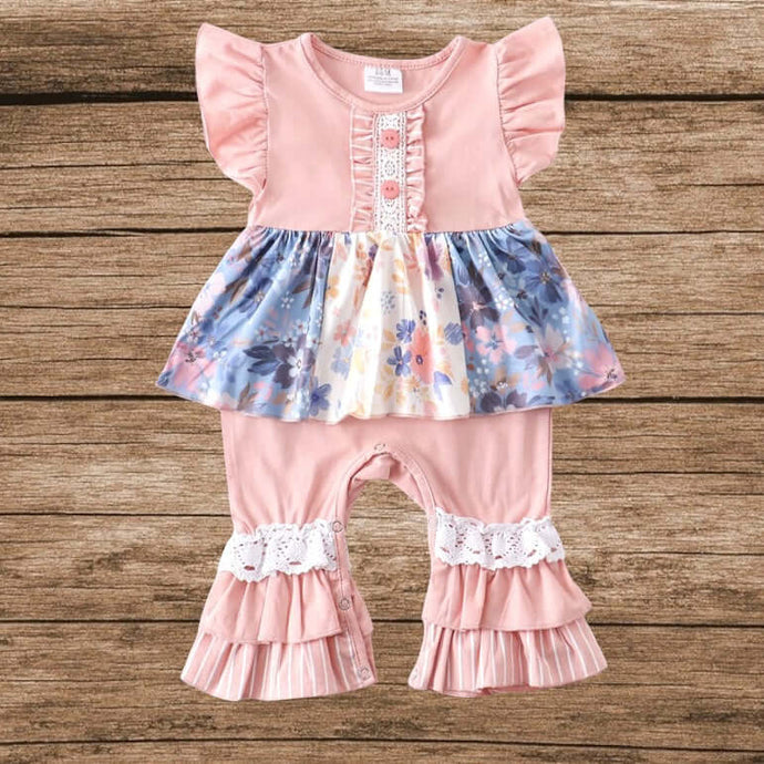 Pink Floral Ruffle Lace Baby Girl Romper