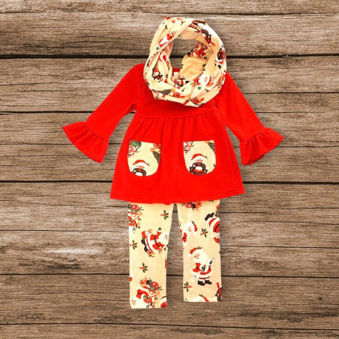 Red Christmas Tunic with Scarf Pants Set