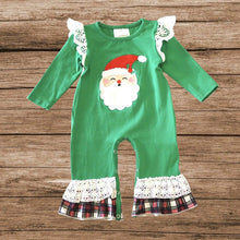 Load image into Gallery viewer, Green Santa Applique Baby Ruffle Romper
